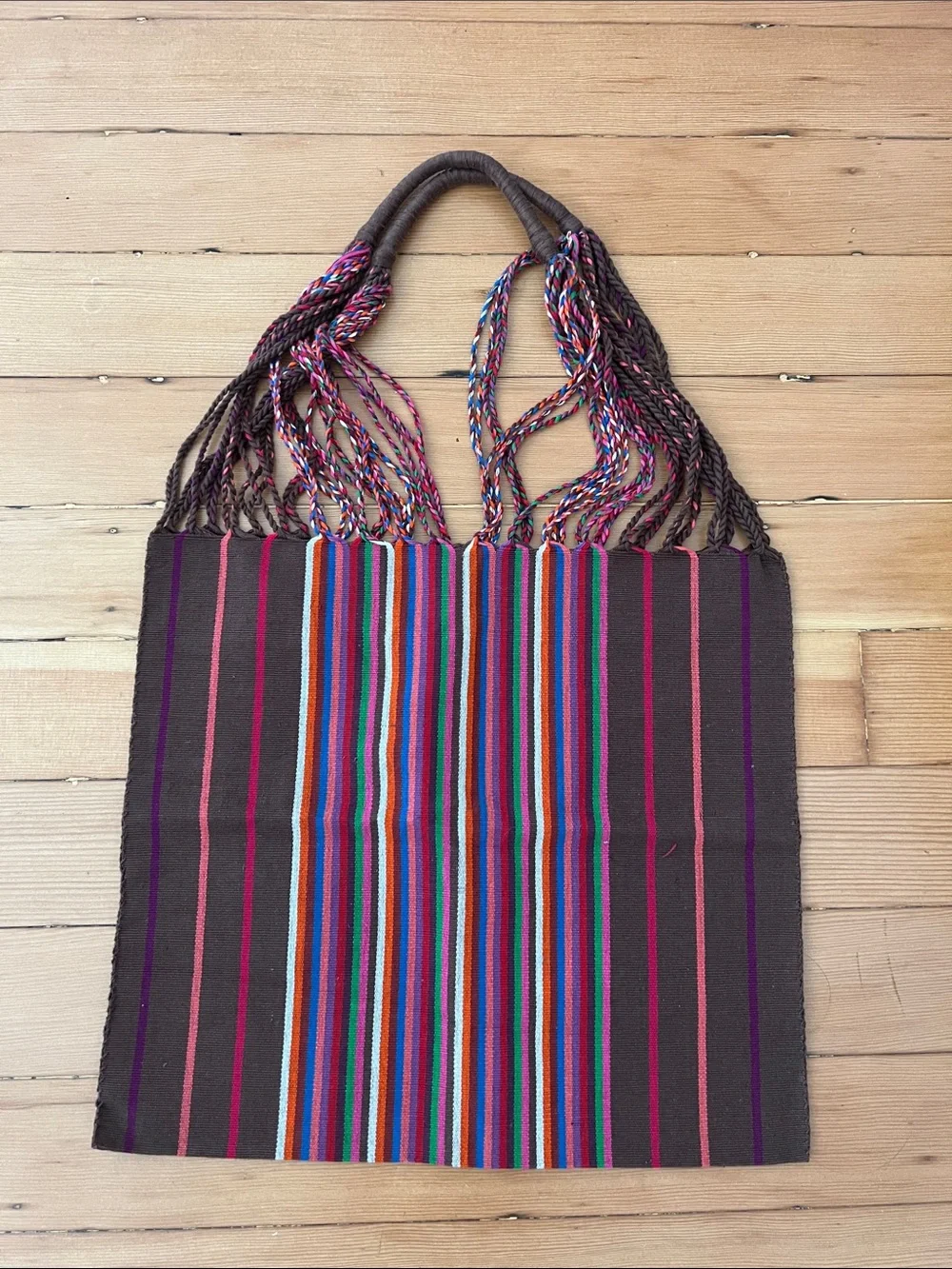 Artisan Brown Striped Women’s Tote Bag with Colorful Braided Handles cotton